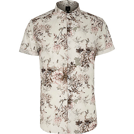 jacques-vertuk Big and Tall cream floral short sleeve shirt 302763 men Shirts Short Sleeve Shirts