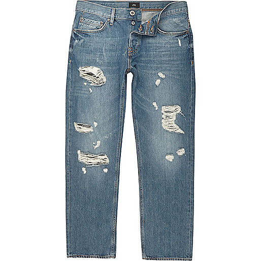 jacques-vertuk Big and Tall mid blue ripped loose fit jeans 303488 men Jeans Straight Jeans