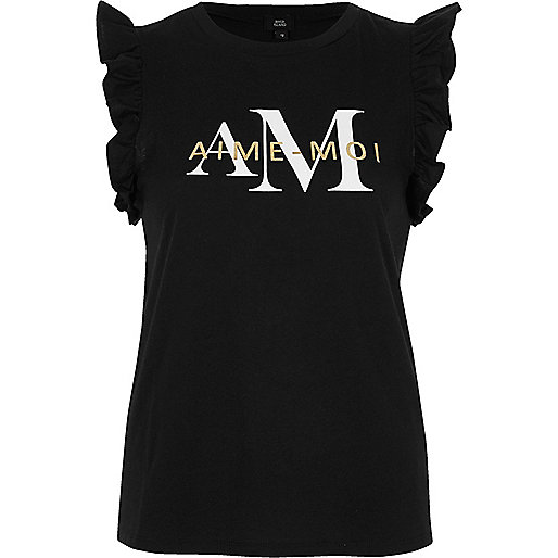 jacques-vertuk Black 'aime moi' print frill sleeve tank top 707790 women Tops T-Shirts & Vests Print T-Shirts / Vests jacques-vertuk Black 'aime moi' print frill sleeve tank top 707790 women Tops T-Shirts & Vests Print T-Shirts / Vests