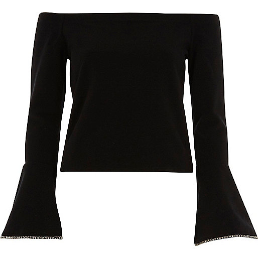 jacques-vertuk Black bardot embellished bell sleeve top 707513 women Tops Bardot / Cold Shoulder Tops jacques-vertuk Black bardot embellished bell sleeve top 707513 women Tops Bardot / Cold Shoulder Tops