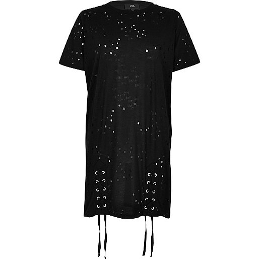 jacques-vertuk Black distressed lace up oversized T-shirt 703653 women T-Shirts & Vests