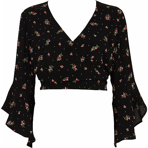 jacques-vertuk Black ditsy floral wrap frill sleeve crop top 704575 women Tops Crop Tops / Bralets jacques-vertuk Black ditsy floral wrap frill sleeve crop top 704575 women Tops Crop Tops / Bralets