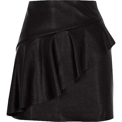 jacques-vertuk Black faux leather frill front mini skirt 709534 women Skirts Mini Skirts
