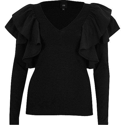 jacques-vertuk Black frill shoulder long sleeve ribbed top 709379 women Tops T-Shirts & Vests Plain T-Shirts / Vests jacques-vertuk Black frill shoulder long sleeve ribbed top 709379 women Tops T-Shirts & Vests Plain T-Shirts / Vests