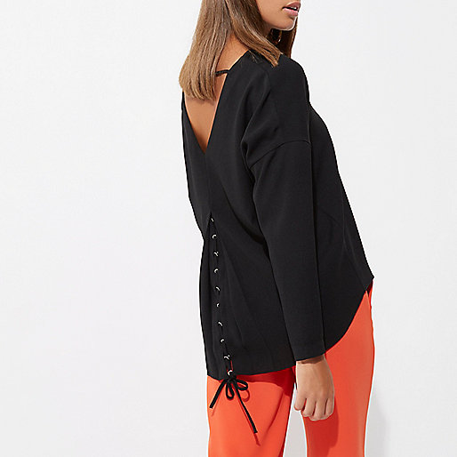 river island 2 in 1 dress,Riverilands Black lace-up back long sleeve top Blouses Tops women river island 2 in 1 dress,Riverilands Black lace-up back long sleeve top Blouses Tops women