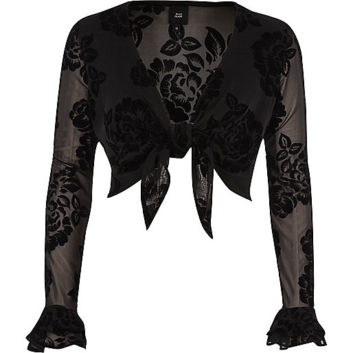jacques-vertuk Black sheer flocking tie knot front crop top 709886 women Tops Crop Tops / Bralets jacques-vertuk Black sheer flocking tie knot front crop top 709886 women Tops Crop Tops / Bralets