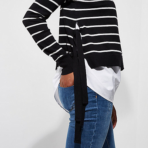 river island fur heels,Riv3R Island Black stripe knit tie side layered sweater Sweaters Knitwear women river island fur heels,Riv3R Island Black stripe knit tie side layered sweater Sweaters Knitwear women