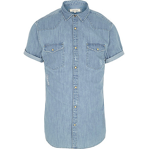 jacques-vertuk Blue denim short sleeve western shirt 300516 men Shirts
