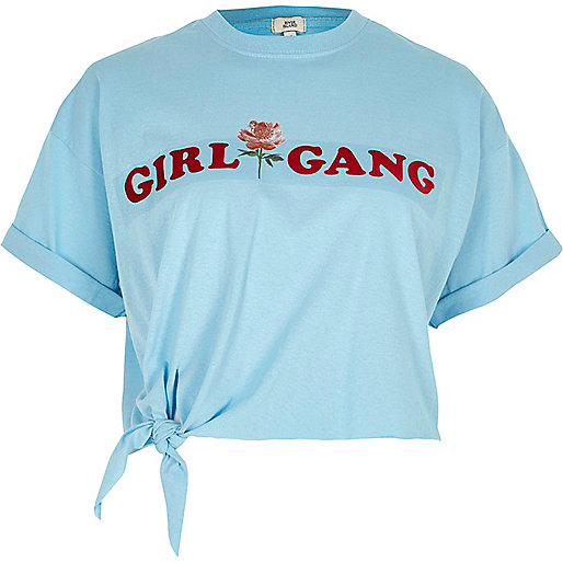 jacques-vertuk Blue 'girl gang' knot front cropped T-shirt 708859 women Tops T-Shirts & Vests Print T-Shirts / Vests jacques-vertuk Blue 'girl gang' knot front cropped T-shirt 708859 women Tops T-Shirts & Vests Print T-Shirts / Vests