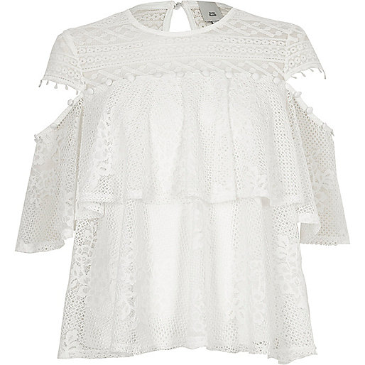 jacques-vertuk Blue lace frill button detail top 705393 women Tops Blouses