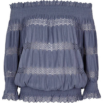 jacques-vertuk Blue lace shirred bardot top 704023 women Tops Bardot / Cold Shoulder Tops jacques-vertuk Blue lace shirred bardot top 704023 women Tops Bardot / Cold Shoulder Tops