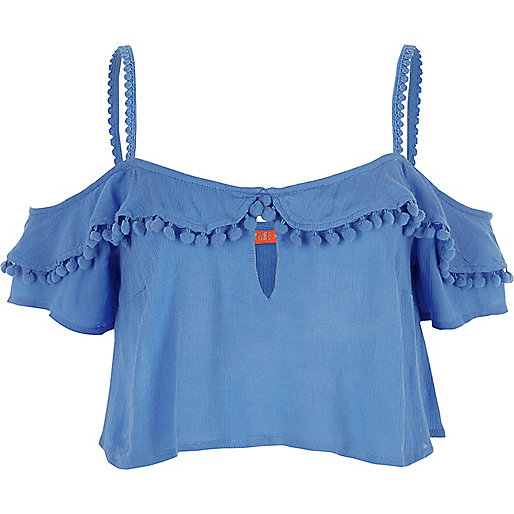 jacques-vertuk Blue pom pom frill cold shoulder crop top 704692 women Holiday Shop