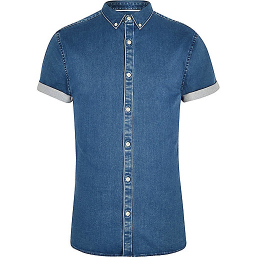 jacques-vertuk Blue short sleeve muscle fit denim shirt 300836 men Shirts Short Sleeve Shirts jacques-vertuk Blue short sleeve muscle fit denim shirt 300836 men Shirts Short Sleeve Shirts