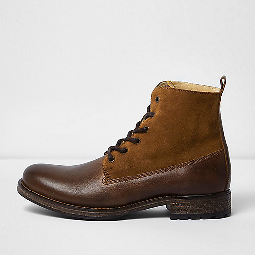 jacques-vertuk Brown leather panel fleece lined boots 298804 men Shoes / Boots