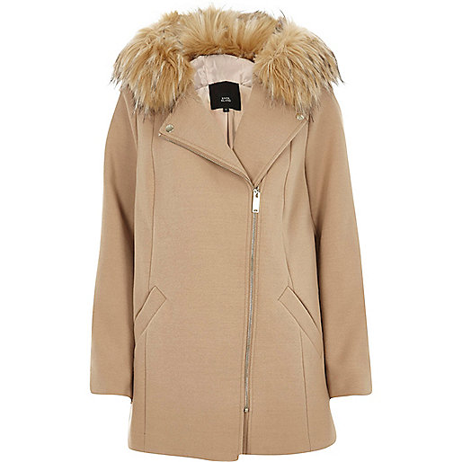 jacques-vertuk Camel faux fur trim hooded biker coat 702757 women Coats / Jackets Coats