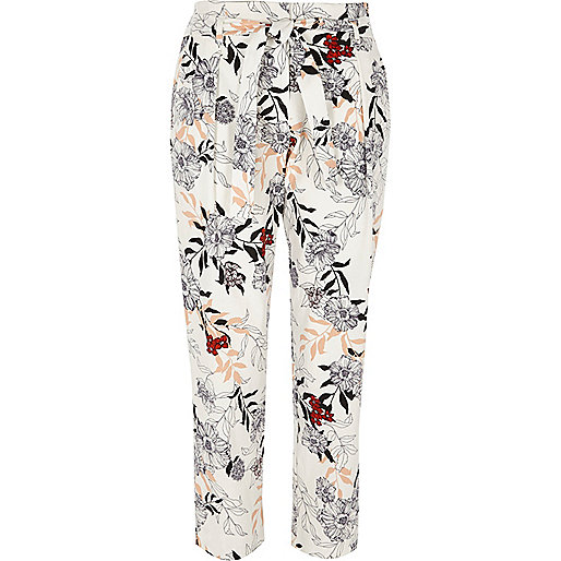 jacques-vertuk Cream floral print tie waist tapered pants 708637 women Trousers Tapered Trousers jacques-vertuk Cream floral print tie waist tapered pants 708637 women Trousers Tapered Trousers