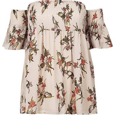 jacques-vertuk Cream floral shirred bardot smock top 704915 women Tops Bardot / Cold Shoulder Tops jacques-vertuk Cream floral shirred bardot smock top 704915 women Tops Bardot / Cold Shoulder Tops