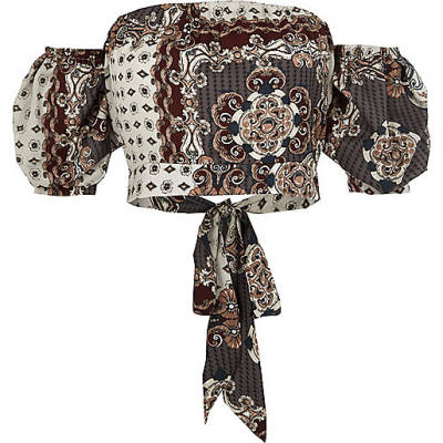 jacques-vertuk Cream scarf print bardot puff sleeve crop top 709848 women Tops Crop Tops / Bralets jacques-vertuk Cream scarf print bardot puff sleeve crop top 709848 women Tops Crop Tops / Bralets