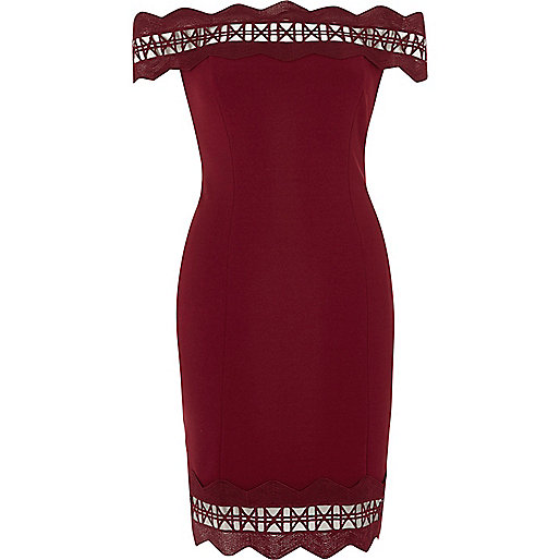 jacques-vertuk Dark red geo lazer cut bodycon bardot dress 709072 women Dresses Bardot / Bandeau Dresses
