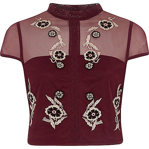 jacques-vertuk Dark red mesh embroidered cap sleeve crop top 704588 women Tops Crop Tops / Bralets jacques-vertuk Dark red mesh embroidered cap sleeve crop top 704588 women Tops Crop Tops / Bralets