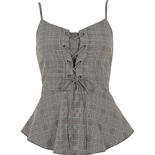 jacques-vertuk Grey check lace-up frill hem cami top 706943 women Tops Cami / Sleeveless Tops jacques-vertuk Grey check lace-up frill hem cami top 706943 women Tops Cami / Sleeveless Tops