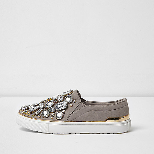 jacques-vertuk Grey jewel embellished slip on plimsolls 705299 women Shoes / Boots Plimsolls / Trainers