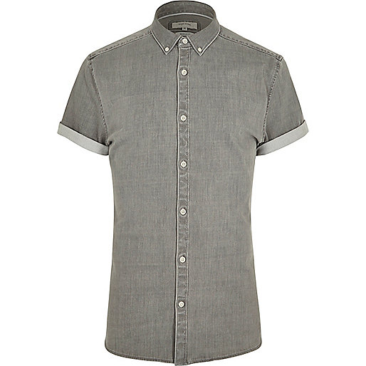 jacques-vertuk Grey short sleeve muscle fit denim shirt 300835 men Shirts Short Sleeve Shirts jacques-vertuk Grey short sleeve muscle fit denim shirt 300835 men Shirts Short Sleeve Shirts