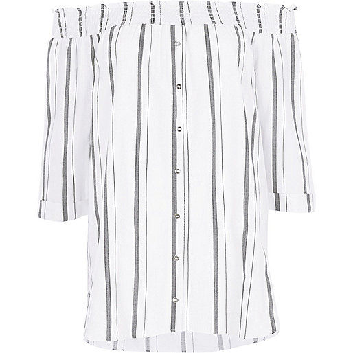 jacques-vertuk Grey stripe shirred bardot shirt 707207 women Tops Bardot / Cold Shoulder Tops jacques-vertuk Grey stripe shirred bardot shirt 707207 women Tops Bardot / Cold Shoulder Tops