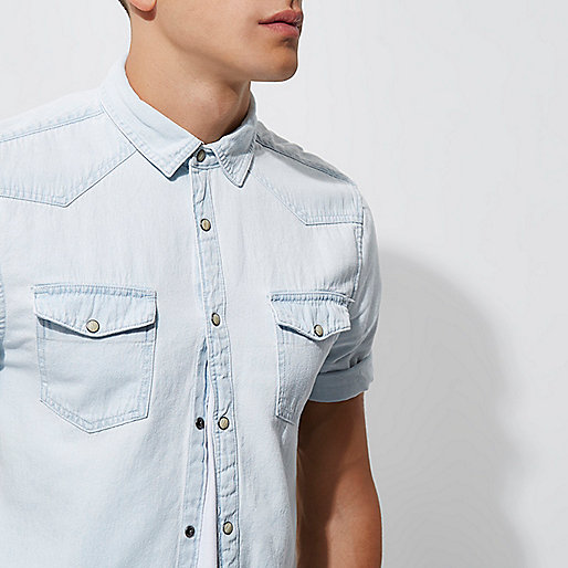 next river island,jacques-vertuk Shop Light blue bleached short sleeve denim shirt men 302872 next river island,jacques-vertuk Shop Light blue bleached short sleeve denim shirt men 302872
