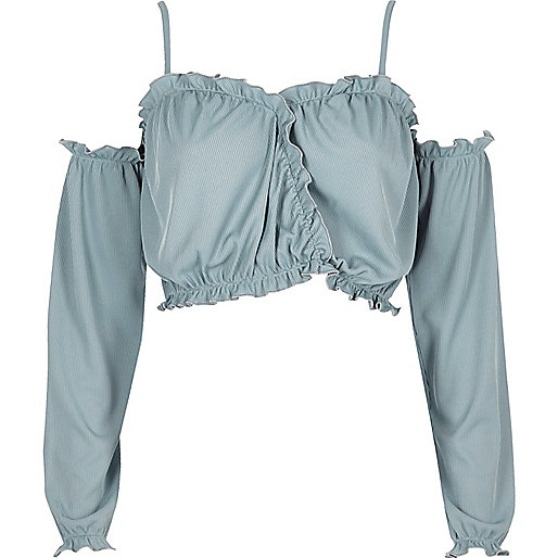 jacques-vertuk Light blue ruffle long sleeve bardot crop top 706999 women Tops Bardot / Cold Shoulder Tops jacques-vertuk Light blue ruffle long sleeve bardot crop top 706999 women Tops Bardot / Cold Shoulder Tops
