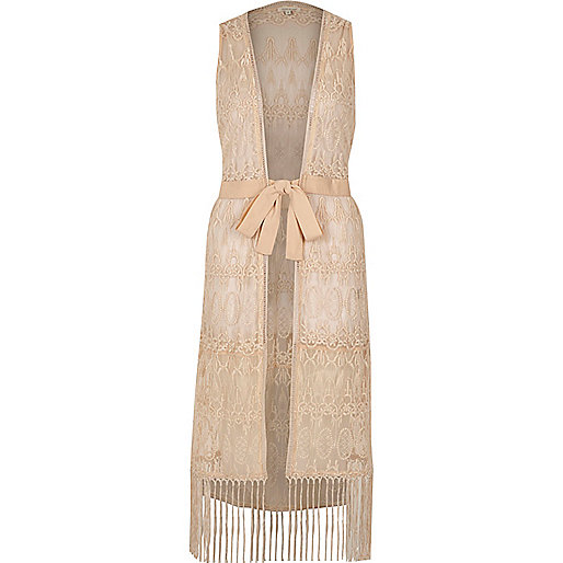 jacques-vertuk Nude embroidered tie waist sleeveless kimono 700812 women Coats / Jackets