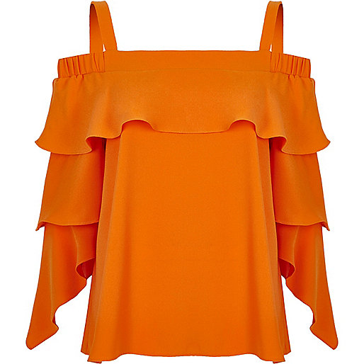 jacques-vertuk Orange frill sleeve bardot top 707898 women Tops Bardot / Cold Shoulder Tops jacques-vertuk Orange frill sleeve bardot top 707898 women Tops Bardot / Cold Shoulder Tops