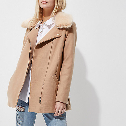 jacques-vertuk Petite camel fur trim biker collar coat 704095 women Coats / Jackets Coats