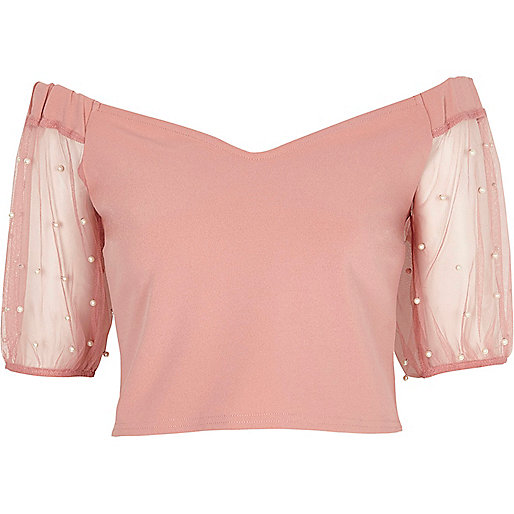 jacques-vertuk Pink bardot mesh puff sleeve crop top 706151 women Tops Bardot / Cold Shoulder Tops jacques-vertuk Pink bardot mesh puff sleeve crop top 706151 women Tops Bardot / Cold Shoulder Tops