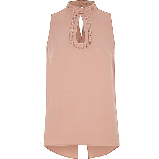 jacques-vertuk Pink high neck crochet trim sleeveless top 704577 women Tops Cami / Sleeveless Tops