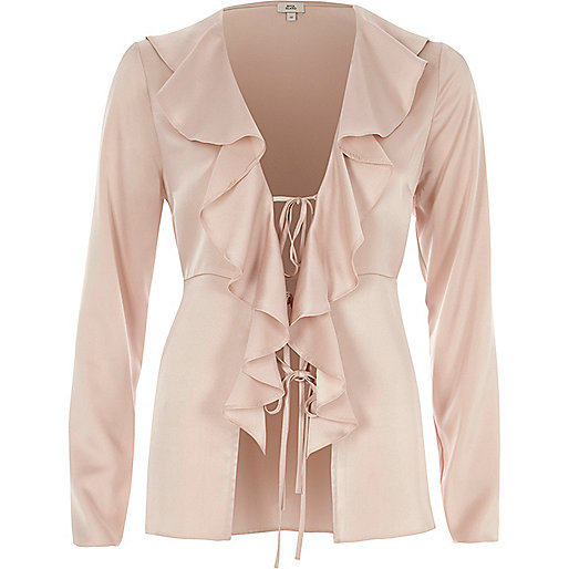 jacques-vertuk Pink satin frill tie-up long sleeve blouse 707218 women Tops Blouses