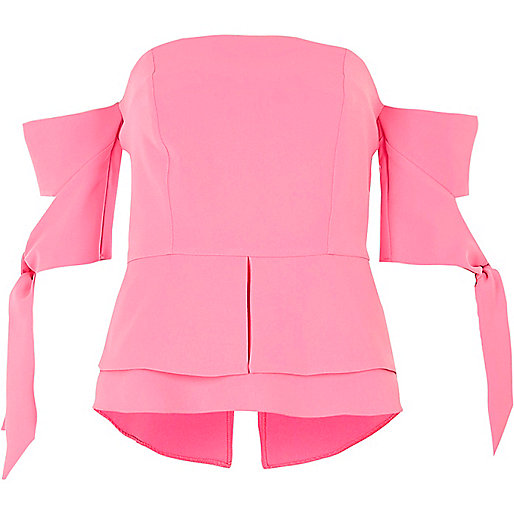 jacques-vertuk Pink tie sleeve peplum hem bardot top 708265 women Tops Crop Tops / Bralets jacques-vertuk Pink tie sleeve peplum hem bardot top 708265 women Tops Crop Tops / Bralets