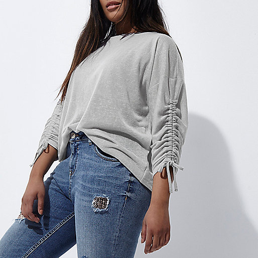 jacques-vertuk Plus grey ruched sleeve top 703482 women Tops T-Shirts & Vests Plain T-Shirts / Vests jacques-vertuk Plus grey ruched sleeve top 703482 women Tops T-Shirts & Vests Plain T-Shirts / Vests