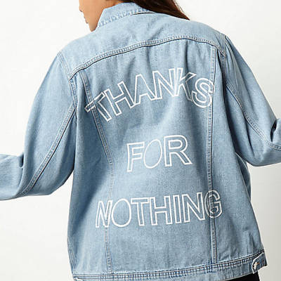 jacques-vertuk Plus light blue slogan print denim jacket 694264 women Coats / Jackets