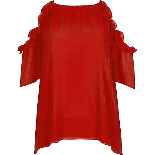 jacques-vertuk Red frill cold shoulder top 703455 women Tops Bardot / Cold Shoulder Tops