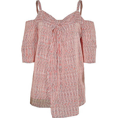 jacques-vertuk Red stripe cold shoulder knot front top 710351 women Tops Bardot / Cold Shoulder Tops jacques-vertuk Red stripe cold shoulder knot front top 710351 women Tops Bardot / Cold Shoulder Tops