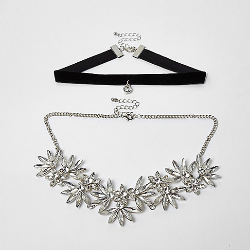 jacques-vertuk Silver tone floral rhinestone velvet choker set 703990 women Jewellery Necklaces jacques-vertuk Silver tone floral rhinestone velvet choker set 703990 women Jewellery Necklaces