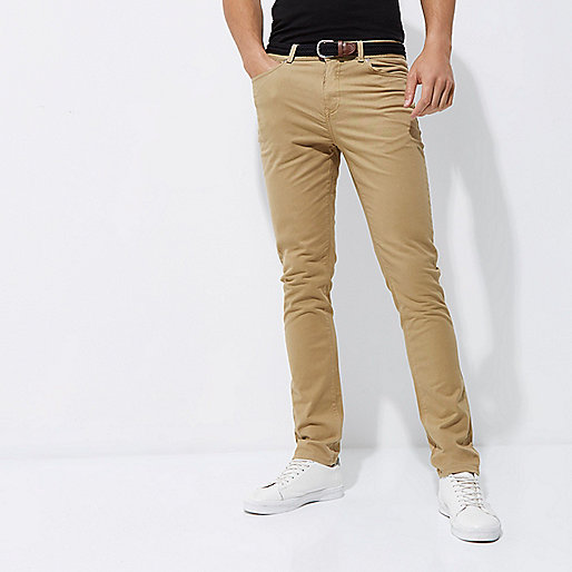 jacques-vertuk Tan belted slim fit chino pants 301062 men Trousers