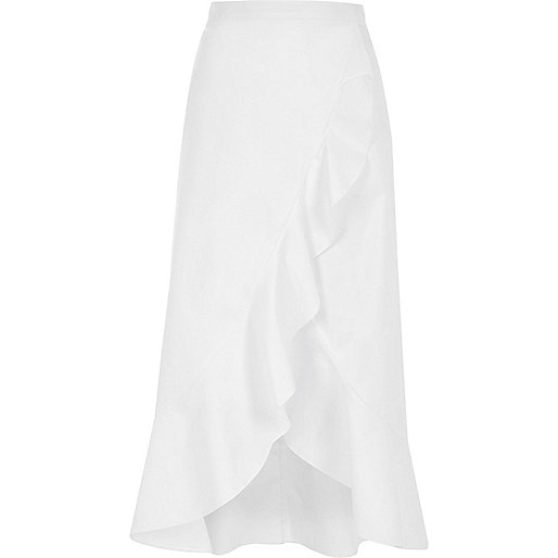 jacques-vertuk White frill wrap front midi skirt 709205 women Skirts Midi Skirts