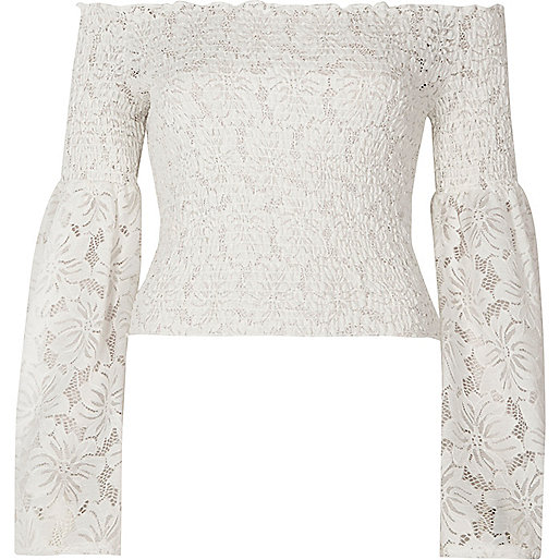jacques-vertuk White lace bardot bell sleeve crop top 702645 women Tops Crop Tops / Bralets jacques-vertuk White lace bardot bell sleeve crop top 702645 women Tops Crop Tops / Bralets