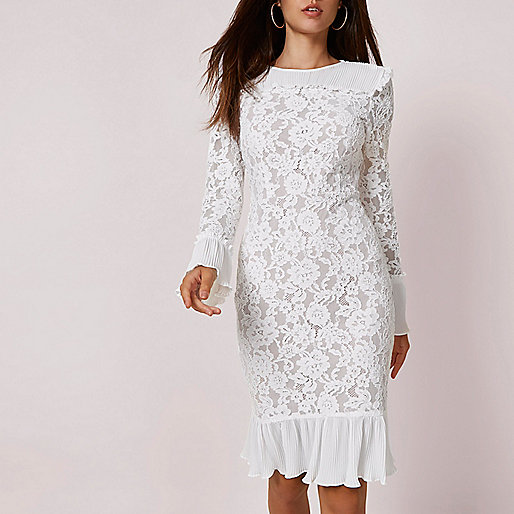 jacques-vertuk White lace pleated hem bodycon midi dress 703590 women Dresses Bodycon Dresses