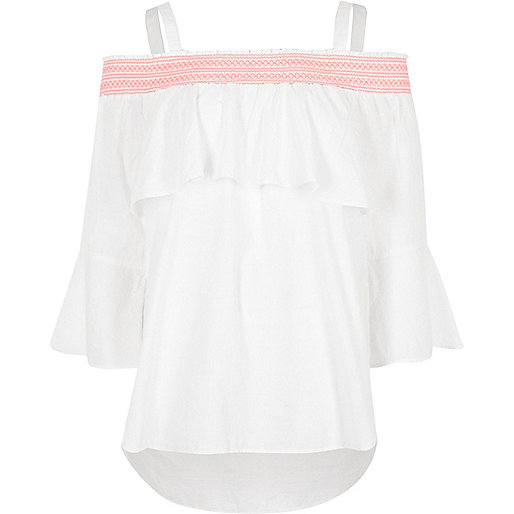 jacques-vertuk White shirred bardot flare sleeve top 706686 women Tops