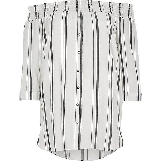 jacques-vertuk White stripe print shirred bardot shirt 706871 women Tops Bardot / Cold Shoulder Tops jacques-vertuk White stripe print shirred bardot shirt 706871 women Tops Bardot / Cold Shoulder Tops